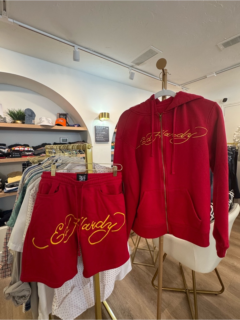 Men’s Ed Hardy Red Hoodie and Shorts Set with Yellow Script Logo Size Small EUC